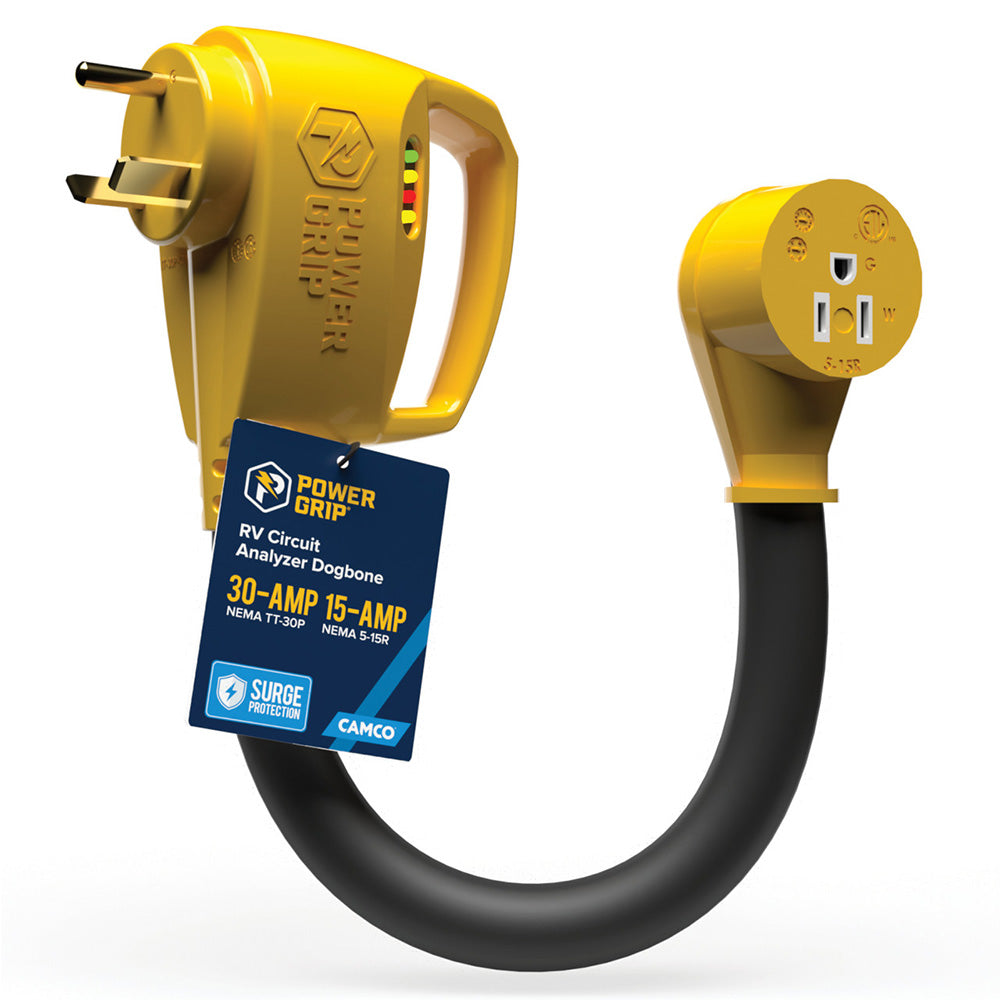 Camco Power Grip RV 12" 30Amp Circuit Analyzer Dogbone - Integrated Surge Protection